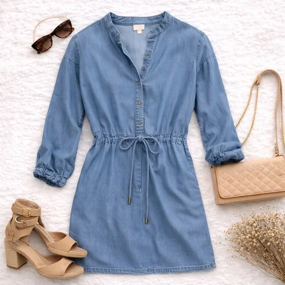 a.n.d easy Chambray Shirt Dress Light Blue Drawstring Waist Size L - Picture 2 of 7